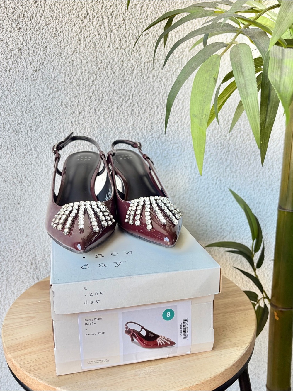 A New Day Serafina Burgundy Rhinestone Slingback Heels Size 8